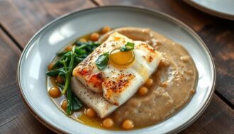 bacalhau com purê de grão-de-bico e espinafre