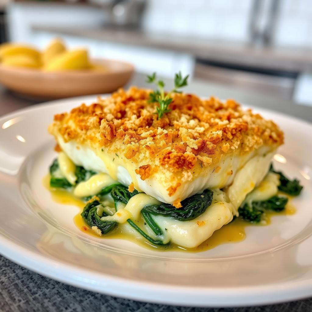 bacalhau gratinado com espinafre e queijo brie