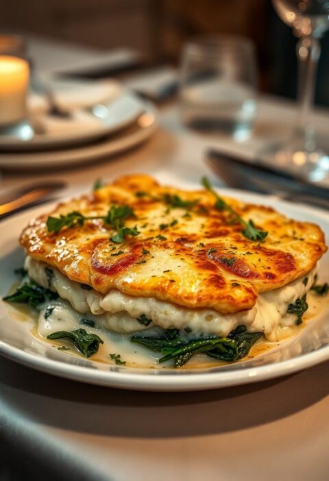 bacalhau gratinado com espinafre e queijo brie