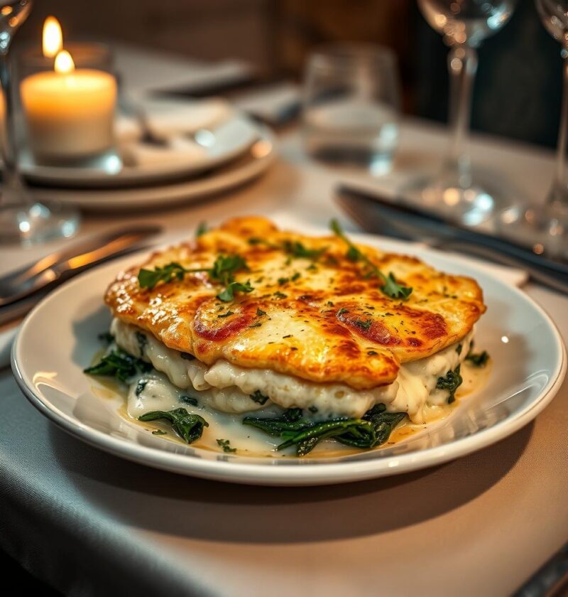 bacalhau gratinado com espinafre e queijo brie