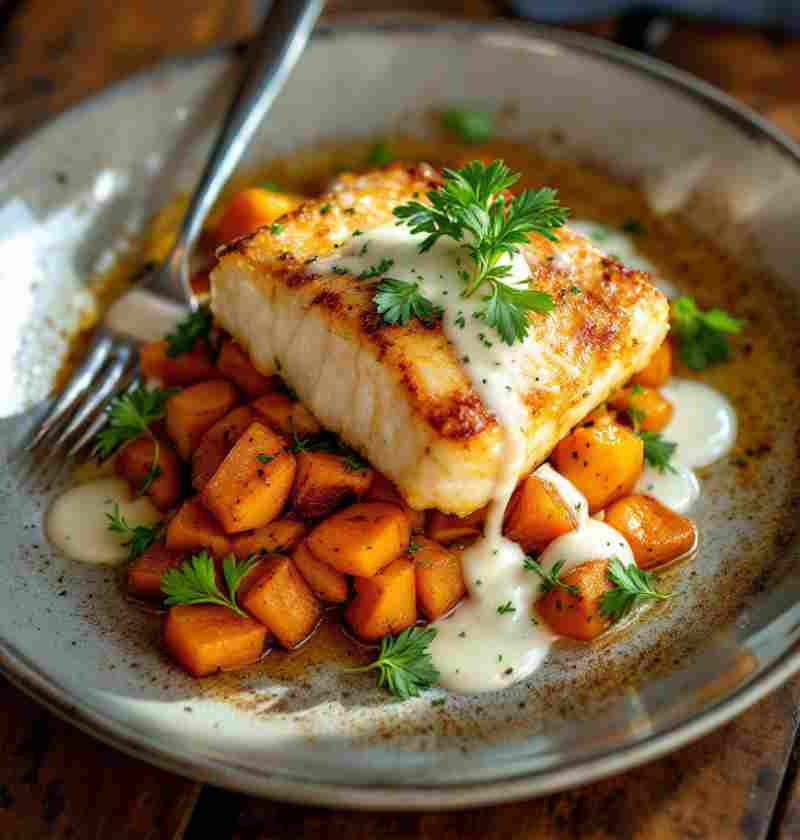 Bacalhau com Batata-doce Assada e Molho de Alho