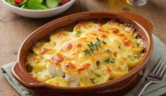 Bacalhau gratinado com queijo e batata