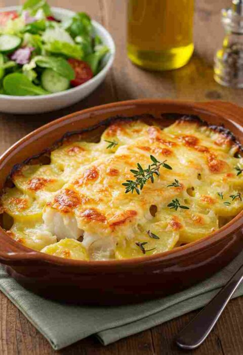 Bacalhau gratinado com queijo e batata