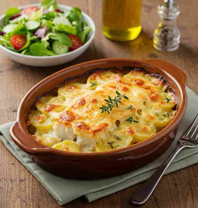 Bacalhau gratinado com queijo e batata