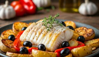 bacalhau ao forno com alho assado e batatas