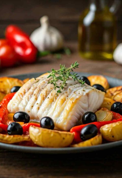 bacalhau ao forno com alho assado e batatas