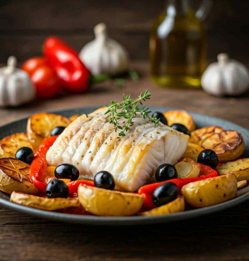 bacalhau ao forno com alho assado e batatas