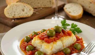 Bacalhau com Molho de Tomate e Azeitonas