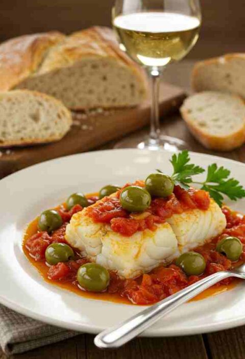 Bacalhau com Molho de Tomate e Azeitonas