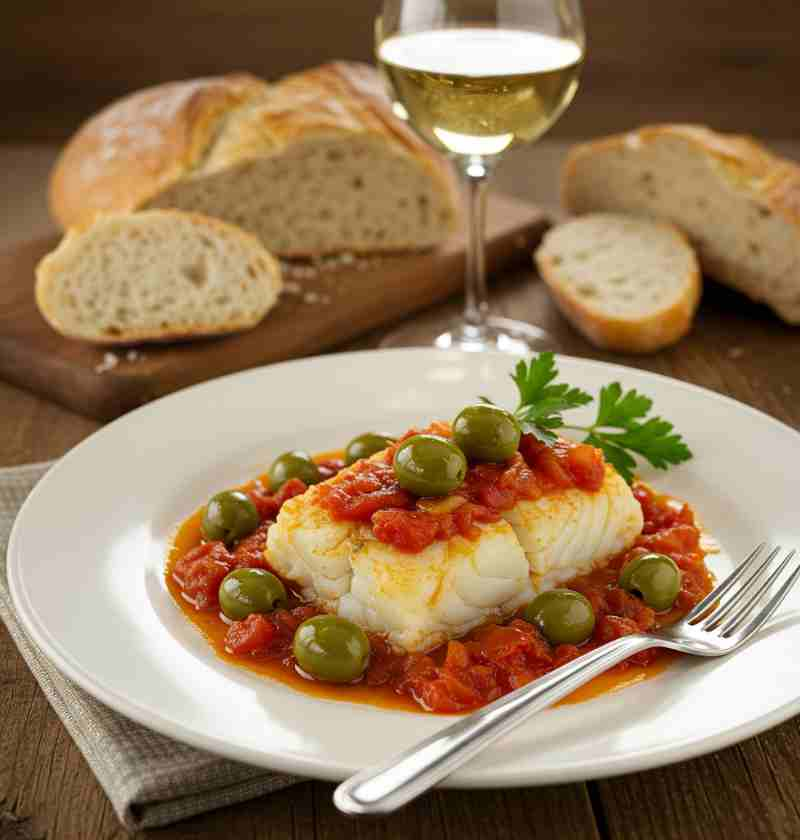 Bacalhau com Molho de Tomate e Azeitonas